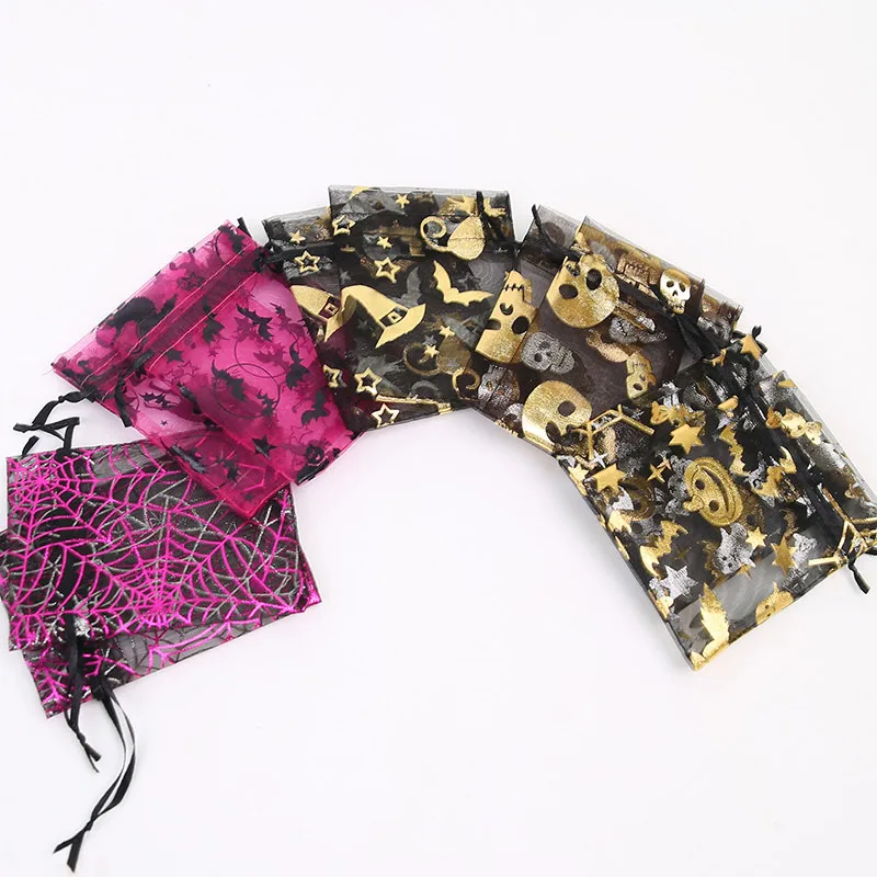 9*12 см Хэллоуин шаблон органзы Подарочная сумка Забавный ужас Тыква паук горячего тиснения Горячая сумка шнурок 100 шт