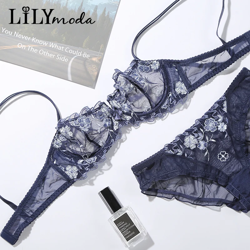 Женский прозрачный бюстгальтер Lilymoda кружевной комплект с вышивкой и трусиками