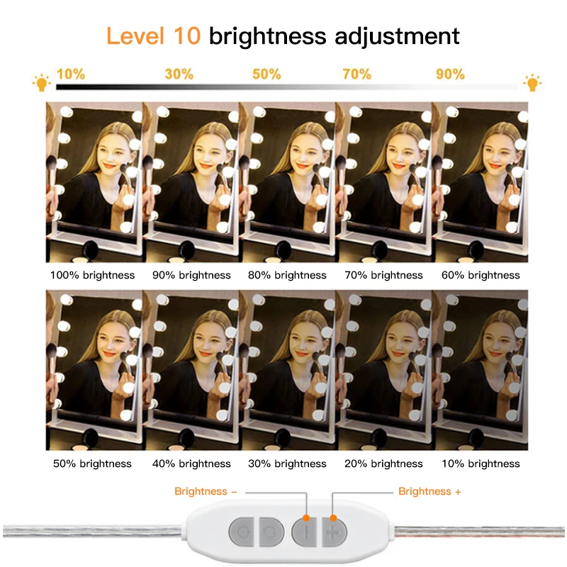 LED 5V Makeup Mirror Light Bulb Hollywood Front Light 10 Levels of Brightness Adjustment Hidden Wiring USB Charging 10 Lights