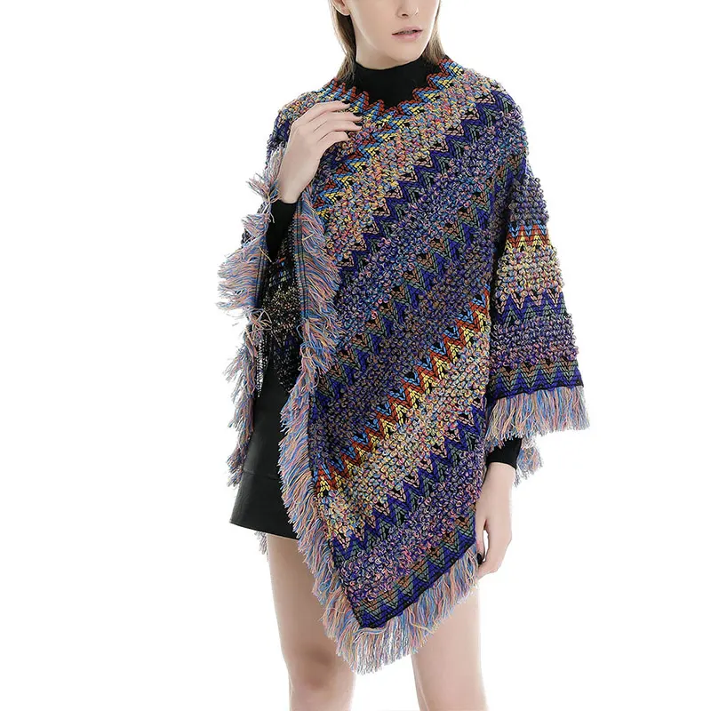 Синий Boho пончо с бахромой накидка Шали Обертывания Женское пальто элегантные топы для весны зимы осени JS26 - Цвет: Синий