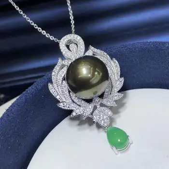

D327 Pearl Pendant Fine Jewelry 925 Sterling Silver Natural 13-14mm Fresh Water Peacock Green Black Pearl Rings for Women