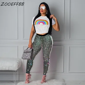 

ZKYZWX Women Two Piece Outfits Festival Clothes Rainbow Print Crop Top+Shiny Sequin Pant Suit Sexy Club 2 Piece Matching Sets