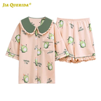 

Turn Down Collar Pajamas Set Casual Fashion Style Summer Soft Pjs Woman Woman Clothes Sleepwear Pijama Set Avocado Printing