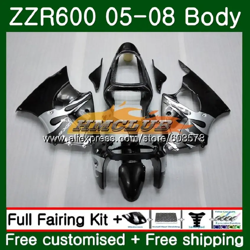 Корпус для KAWASAKI ZX600 600CC ZZR600 05 06 07 08 107CL. 140 ZX600CC ZZR-600 ZZR 600 2005 2006 2007 2008 Черный& пламя OEM обтекатели