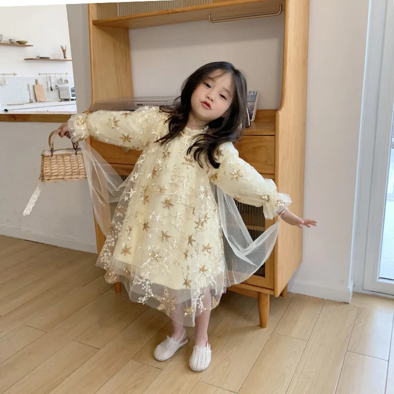

Spring fashion girls five-pointed star embroidery paillette princess dress 2020 kids fashion mesh party dresses