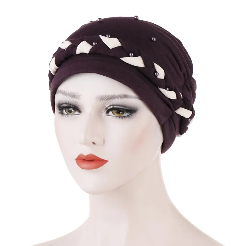 Bandanas Women Bead Braid Cotton Turban Hat Scarf Cancer Chemo Beanies Caps Hijab Headwear Head Wrap Plated Hair Loss Cover