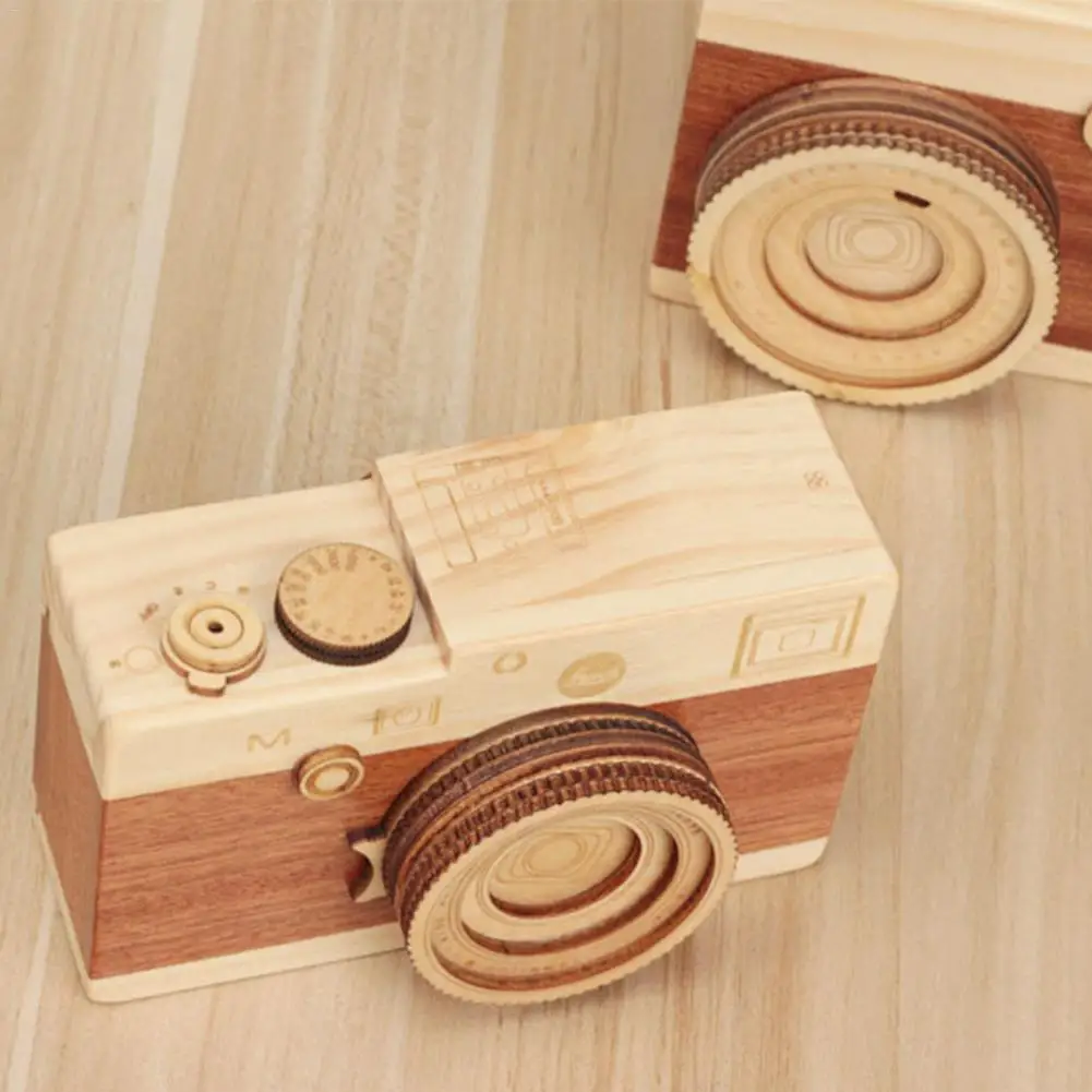 Wooden Retro Camera Music Box Student Gift Decoration Christmas Gift Rotating Music Box For Birthday Home Decoration