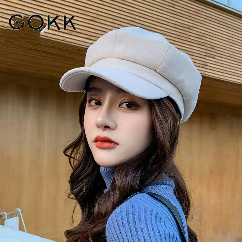 

COKK Winter Hats For Women Thickened Warm Beret Octagonal Hat Female Retro Painter Cap Solid Color Newsboy Cap Gorras Korean New