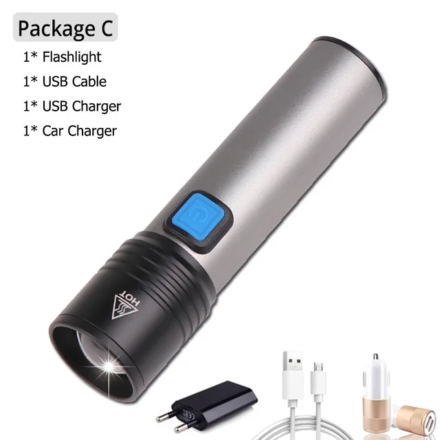 Package C Яркий фонарик USB Перезаряжаемый фонарик водонепроницаемый фонарь T6 светодиодный фонарик Портативный фонарик со встроенным аккумулятором - Испускаемый цвет: Package C