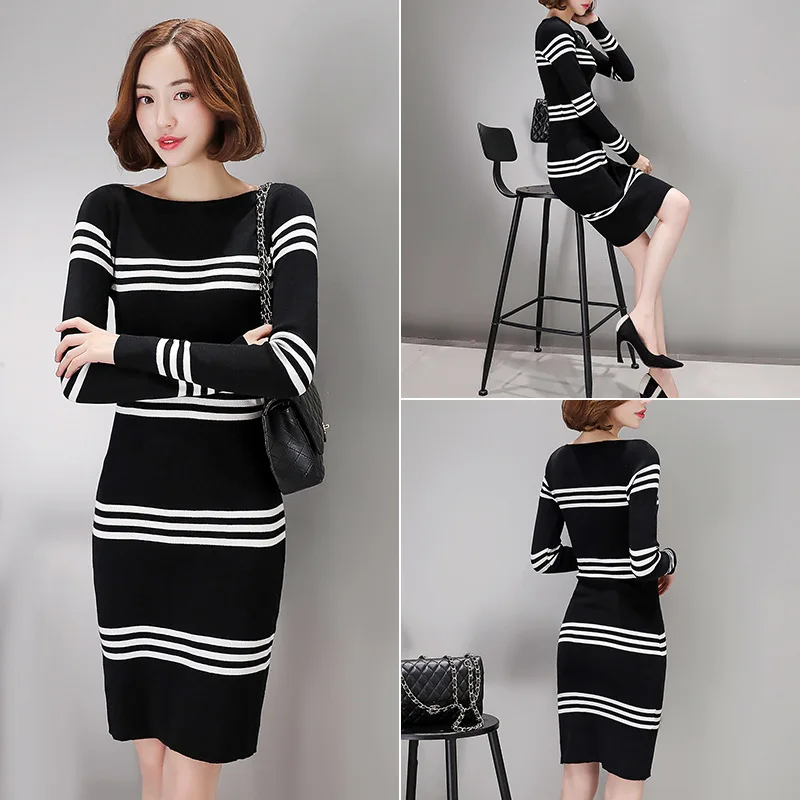 

2018 Autumn And Winter New Style South Korea Sweet Mid-length Stripes Knit Sheath Dress Women's Fashion