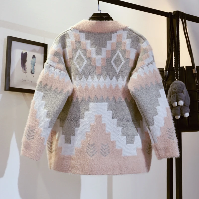 New Autumn and Winter Women's Geometric Knitted Cardigan Coat Female Loose Sweaters Student All-match Thicken Knitwear Jackets