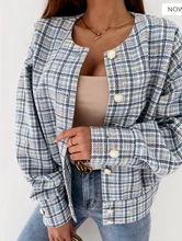 

Elegant O-Neck Plaid Short Jackets Women Metal Single Breasted Loose Casual Jackets Spring Autumn Long Sleeve Thin Chic Outwears