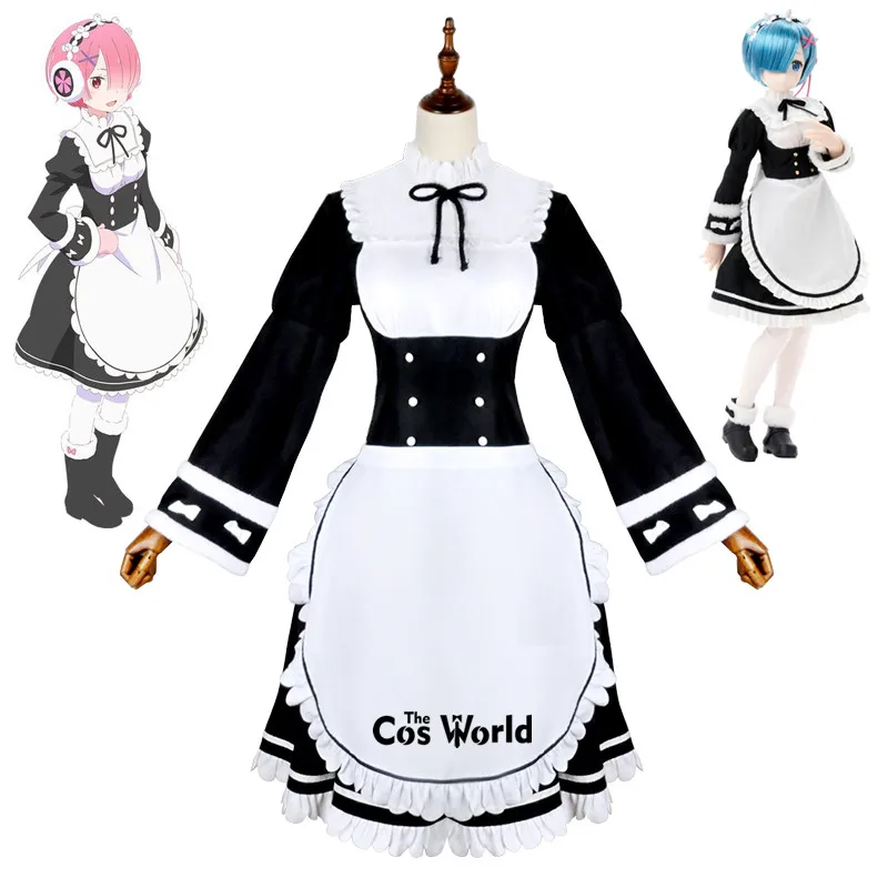 Костюм горничной из м/ф Re Zero зимний фартук Униформа Аниме для косплея Isekai Seikatsu Remu