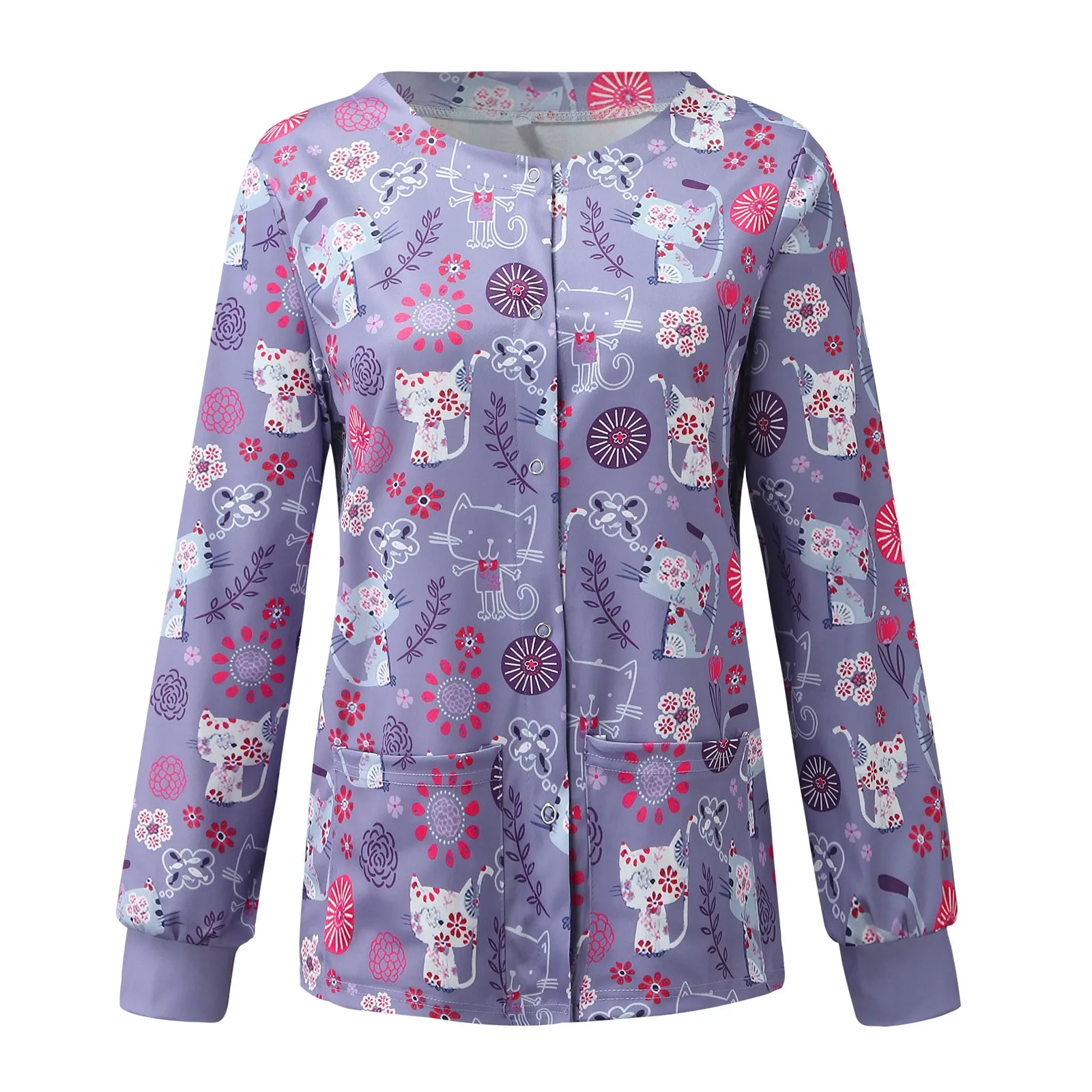 Women Nurse Uniform Long Sleeve Animals Pattern Nursing Uniform Blouse Blouse Doctor Working Medical Workwear Scrubs Uniforms