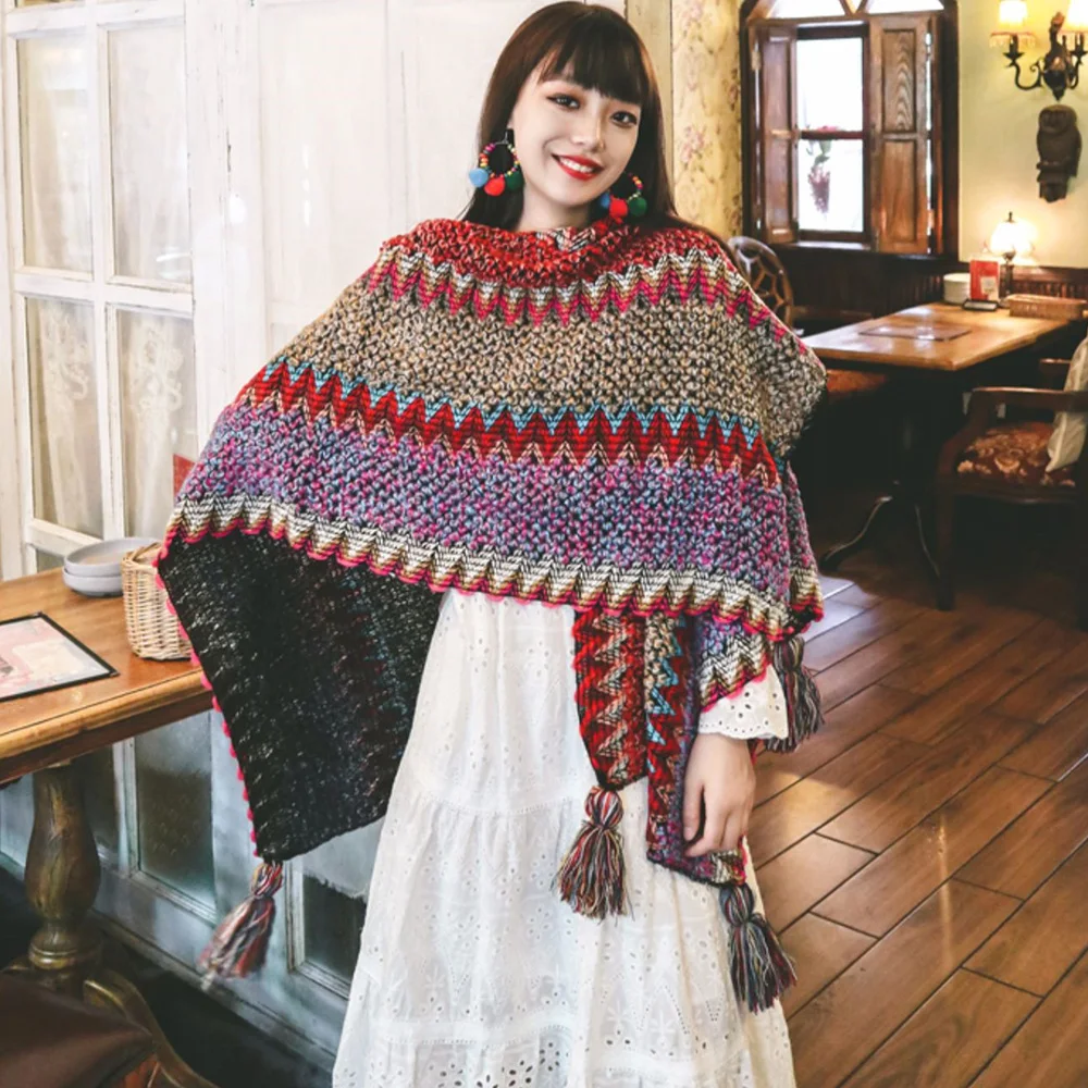 

Autumn Winter Thick Scarves Color Block Bohemian Retro Style Shawl Dual-purpose Cloak Knitted Warm Scarf Travel Cloak