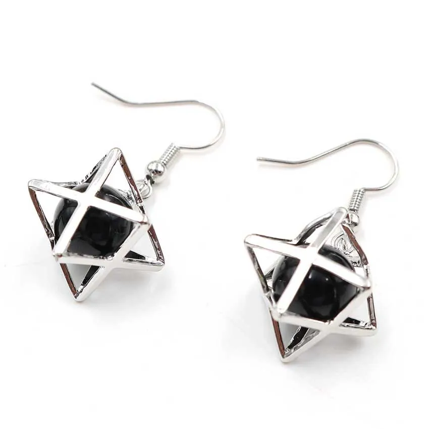 

FYJS Unique Jewelry Silver Plated Merkaba Star Point Black Agates Round Beads Dangle Earrings