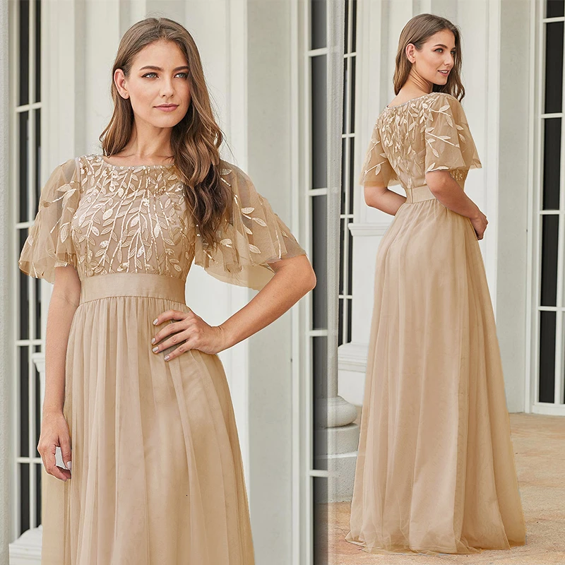 Robe De Soiree блестящие вечерние платья Длинные Ever Pretty EP00904GY A-Line o-образным вырезом с коротким рукавом Вечерние платья женские элегантные платья