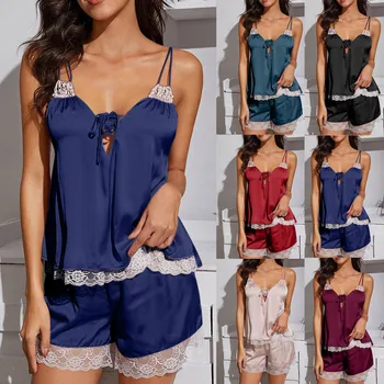 

KANCOOLD Sexy Erotica Porno Seksi Bayan Sleepwear Sleeveless Strap Nightwear Lace Trim Satin Cami Top Pajama Set