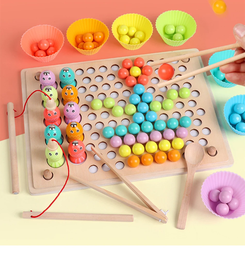 Kids Montessori Wooden Toys Hands Brain Training Clip Beads Chopsticks Beads Toys Early Educational Puzzle Board Math Game Toy