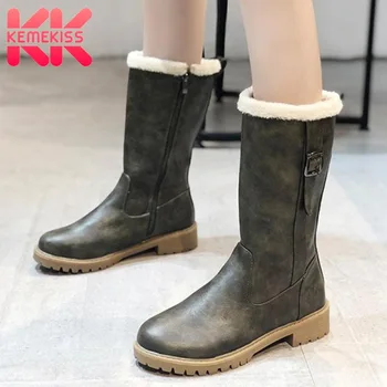 

KemeKiss Women Flats Snow Boots Winter Add Plush Warm Shoes Women Buckle Casual Thicken Fur Mid Calf Boots Wholesale Size 36-43