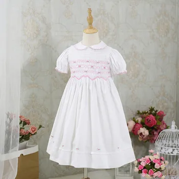 

Summer Girl Dress Doll Collar For Puff Sleeve Smocked Frocks White Girl Clothing Smoking Wedding Baby Dress