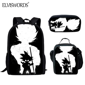 

ELVISWORDS 2020 Children Schoolbag 3PCS Set Black and White Super Saiyan Goku Print Kids Shoulder Backpack Anime Book Bag 2020