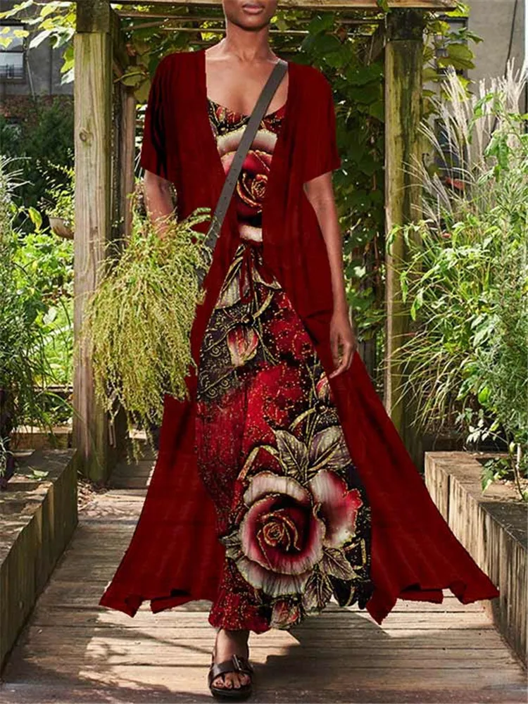 

2022new product popular printing two-piece suit, sling dress, women's outer shawl