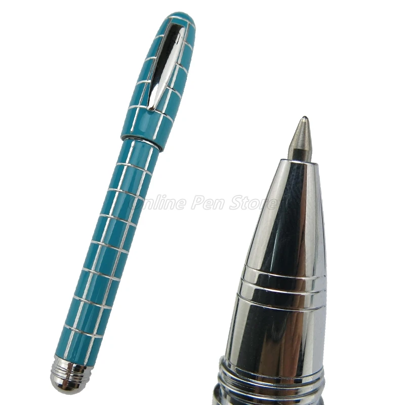 Fuliwen 2062 Blue Metal Tiny Squares Short Roller Ball Ballpoint Pen Professional Office Stationery Writing Gift Accessory