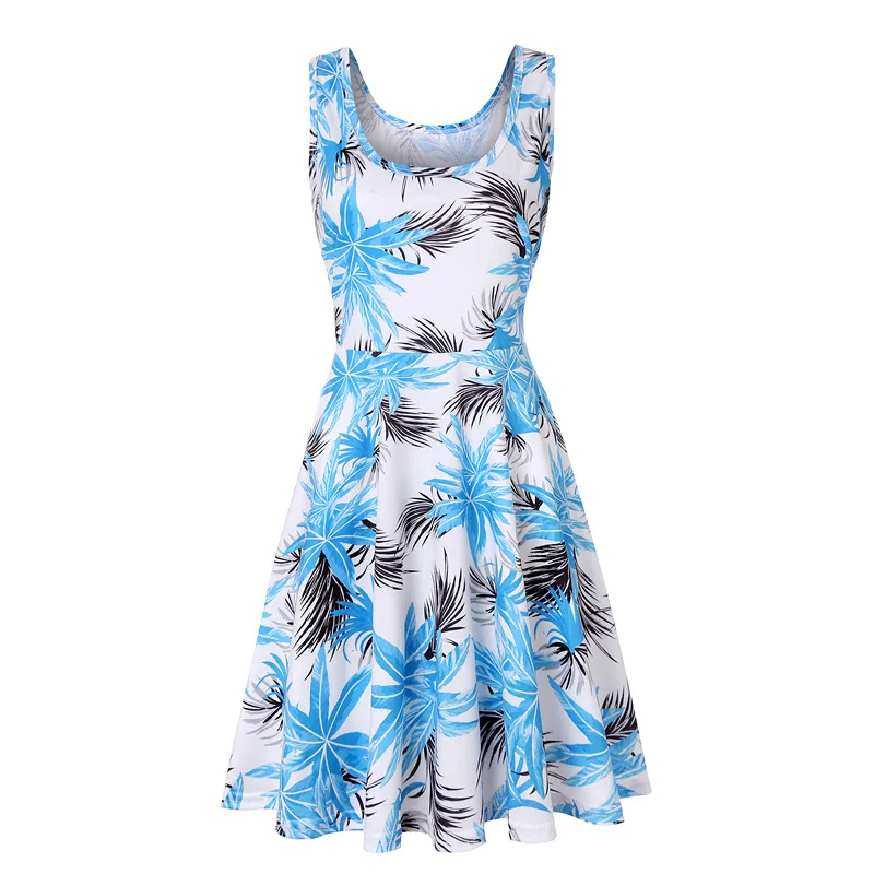 Plus Size Women Sleeveless O-Neck Print Dress Casual Sweet Vintage Floral A-Line Party Dress Summer Beach Dress Vestidos