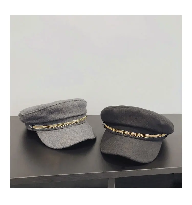 Осенне-зимняя шерстяная шапка с цепочкой, темно-синяя кепка s Gorras Planas, мужская шапка, женская кепка на плоской подошве, шляпка Hatswool