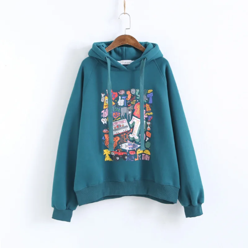 Blue green Johnature Женский пуловер, свитшот с капюшоном и цветочным принтом, 4 цвета, осень, новинка, длинный рукав, повседневная женская одежда, махровые толстовки - Цвет: Blue green
