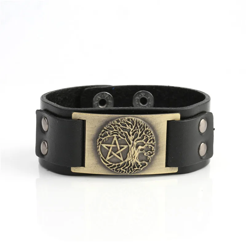 black-bronze Skyrim Винтаж Дерево жизни Wicca пентаграмма Yggdrasil пентаграмма Натуральная кожа браслет Звезда Давида талисман для мужчин ювелирные изделия - Окраска металла: black-bronze