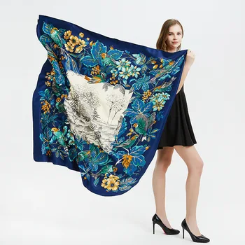 

130*130cm TOP Silk Flower Bird luxurious Scarves Women Foulard Square Hijab Scarf Ladies Shawl wrap muffler pareo female hijab