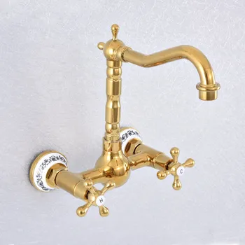 

Gold Color Brass Wall Mounted Double Cross Handles Ceramic Base Bathroom Kitchen Sink Faucet Mixer Tap Swivel Spout asf620