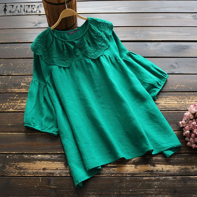 Женская кружевная вязанная блуза ZANZEA Kaftan, хлопковые топы, летние блузки с кукольным воротником, женские рубашки с рукавом 3/4 размера плюс, однотонная туника