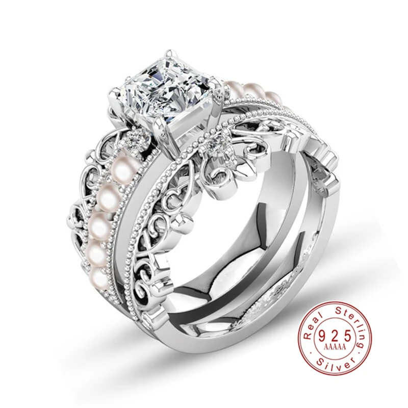 Мода 925 стерлингового серебра квадратное Хрустальное дизайнерское кольцо для женщин 2 шт./компл. 2 в 1 обручальное свадебное роскошные кольца ювелирные изделия - Цвет основного камня: CDFSP311