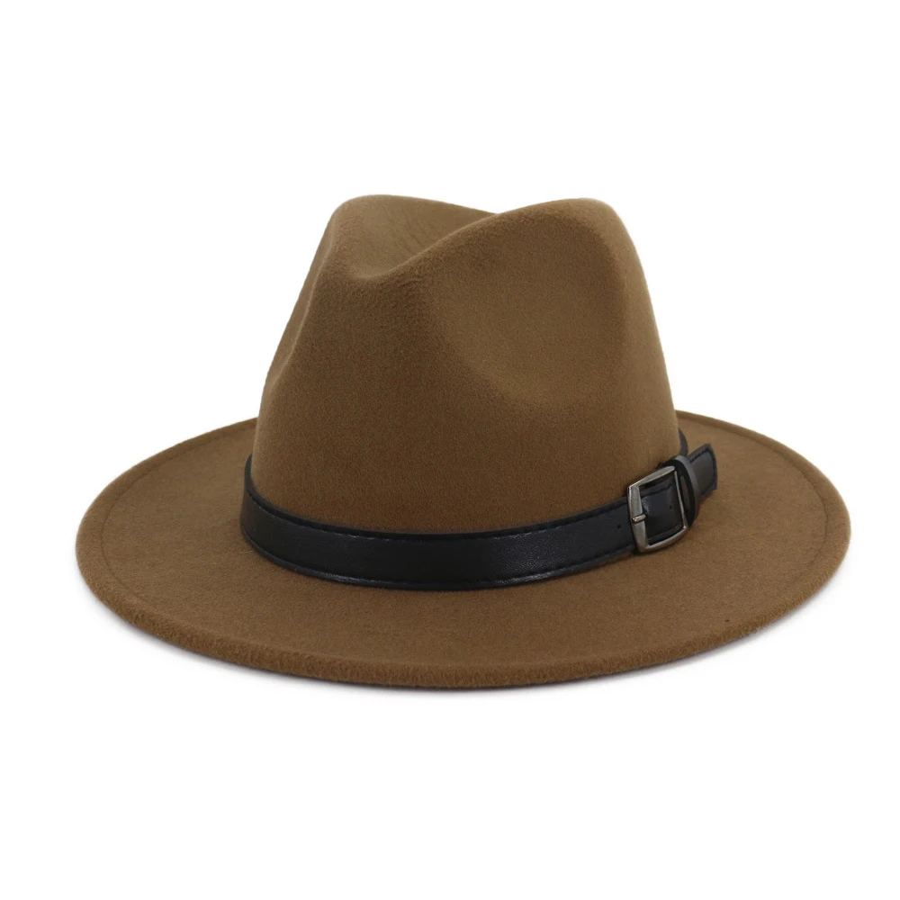 Coffee Женская и Мужская шерстяная шляпа Fedora с панк-поясом поп-Уличная Повседневная шляпа Панама джазовая, шляпа - Цвет: Coffee