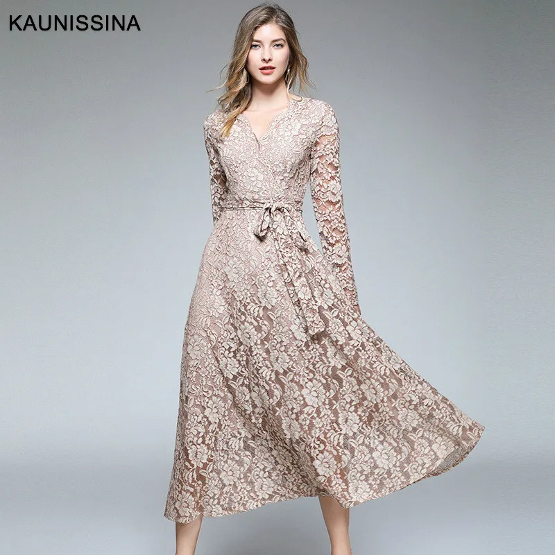 

KAUNISSINA Formal Evening Dresses Long Lace Party Gowns Long Sleeve Maxi Robe De Soiree Longue Elegant Evening Dress