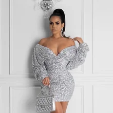 Shiny silver sequined fashion dress ladies front back deep v-neck sexy short dress club party sexy sheath mini dress DLD8628