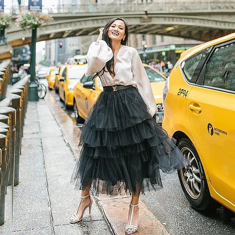 Black Tiered Ruffle Pleated Mesh Women Skirts A-Line Zipper Ankle-length Custom Made Tulle Prom | Женская одежда
