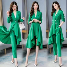 2020 New Spring Fall High Quality Womens Long Sleeve Blazer Dress and Pants Suits 2 Two Piece Set Office Ladies Elegant Clothes