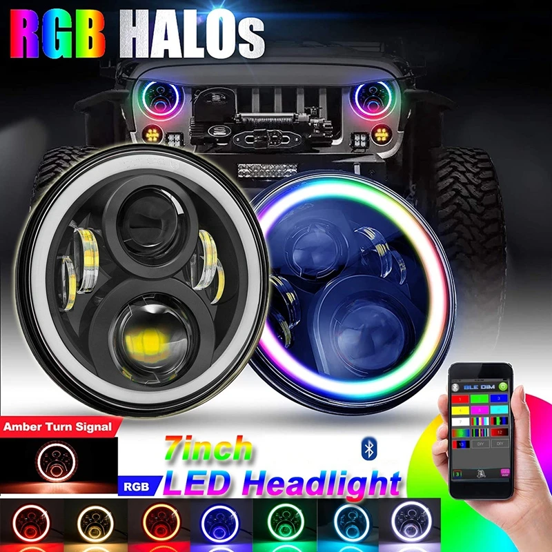 Jeep Wrangler Headlights 7 inch White RGB Halo Rotating Music Function Bluetooth Remote Headlamp for Jeep JK TJ LJ CJ Hummer H1 H2 OVOTOR Jeep Wrangler Headlights 7 inch White RGB Halo Rotating Music Function Bluetooth Remote Headlamp for Jeep JK TJ LJ CJ Hummer H1 H2 OVOTOR