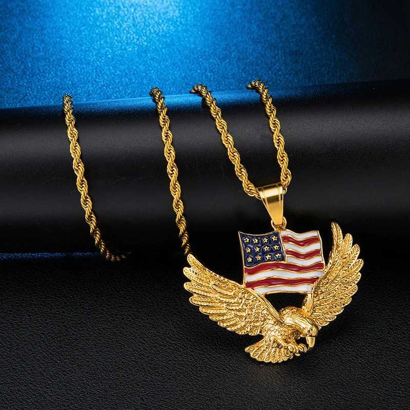 Хип хоп Iced Out Bling американский флаг Орел покрытый стразами ожерелье и подвески из