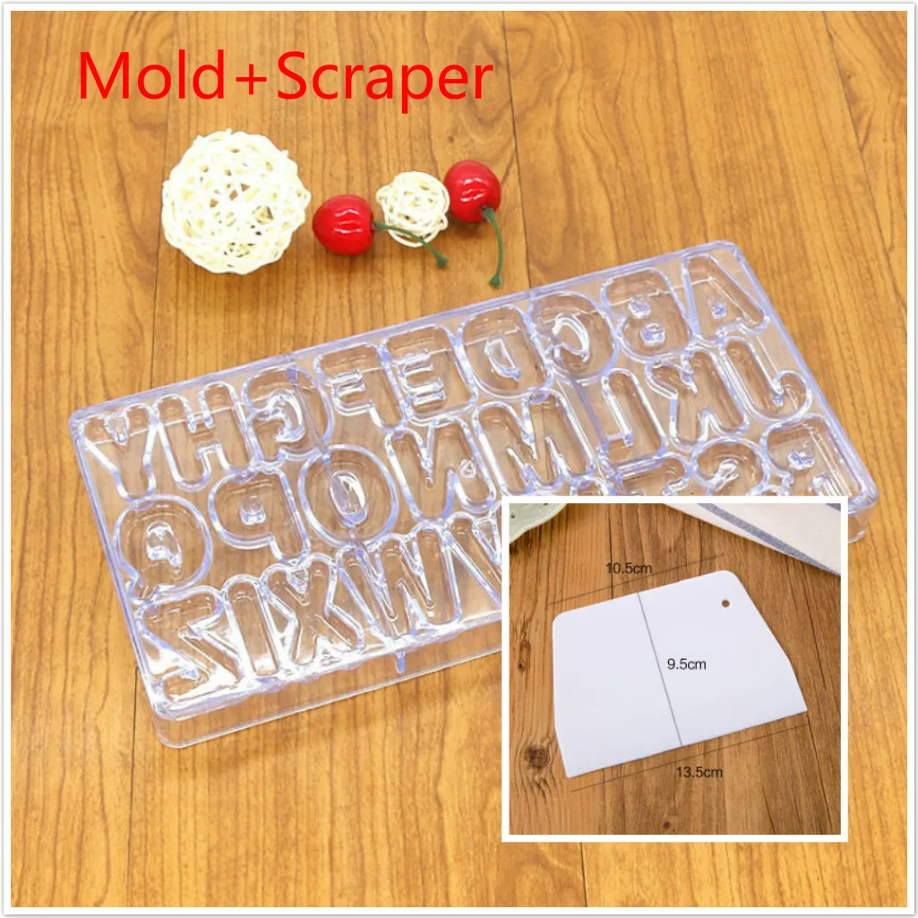 Polycarbonate Chocolate Mold English Letter Chocolate Plastic Mould Cake Baking Mould Polycarbonate Chocolate Mold Candy Mold - Цвет: mold and scraper