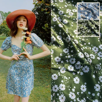 

Green flower printed bubble satin polyester fabric cloth material 145 cm width summer handmade diy shirt dress sewing fabric