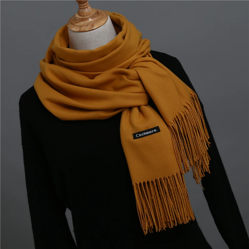 Зимний шарф для женщин, шали и палантины, модные однотонные теплые толстые кашемировые шарфы, пашмины, дамские палантины на шею, бандана - Цвет: deep yellow