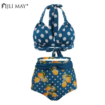 

JLI MAY Retro Dot Lemon Print Bikini Sets Women Wire Free Sexy High Waist Push Up Swimwear Bowknot Halter Plus Size Beachwear