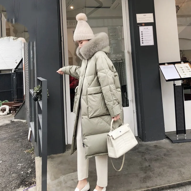 Fox fur collar Зима, стиль, модный пуховик, съемный воротник из лисьего меха, с капюшоном, Женское пальто, длинное, стильное, свободное, утолщенное, женская одежда - Цвет: Fox fur collar