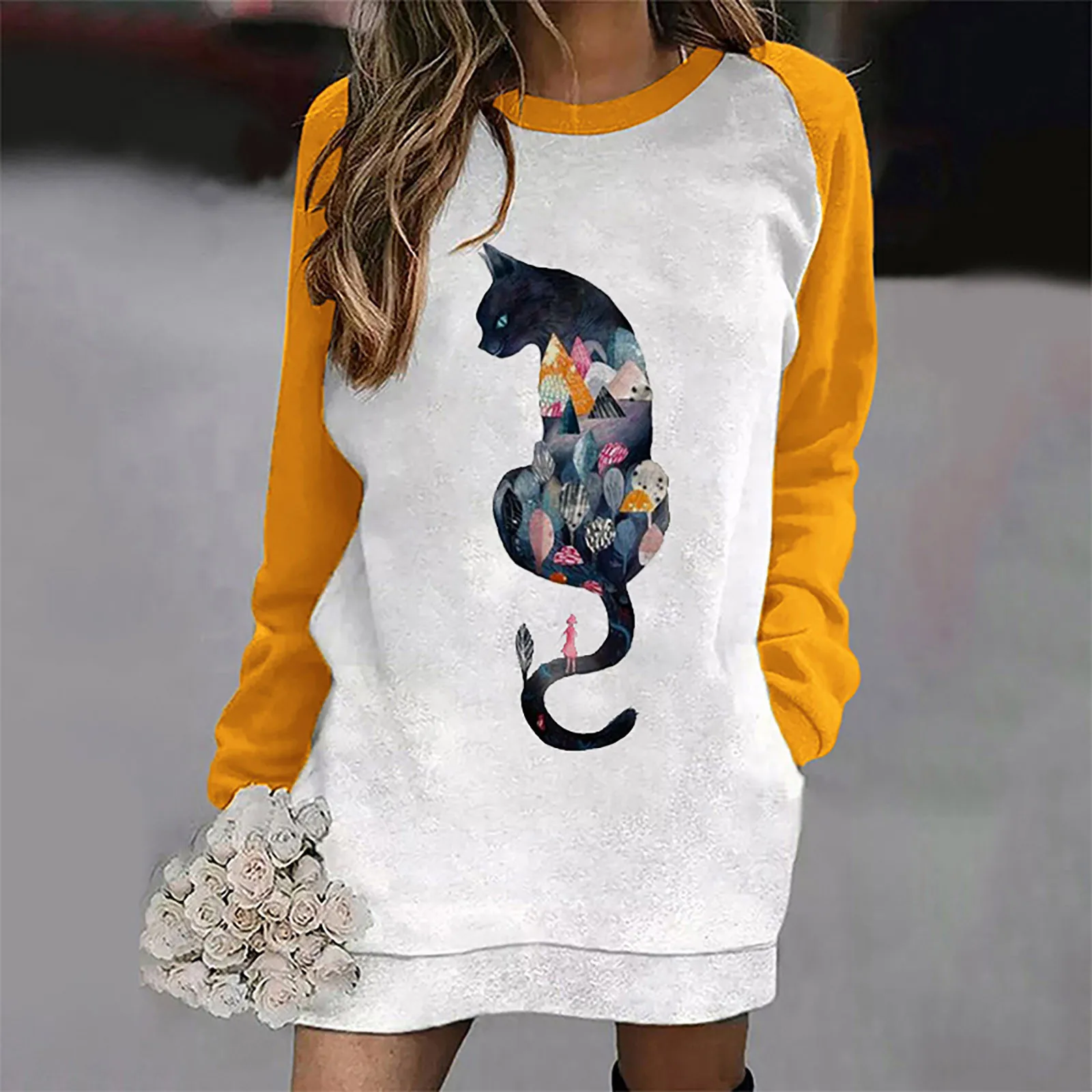 Women's Collision Color Long Sleeve animal Print Round Neck Sweater Pocket Dress Autumn Casual Ladies Pullover Sweatshirt Tops 2