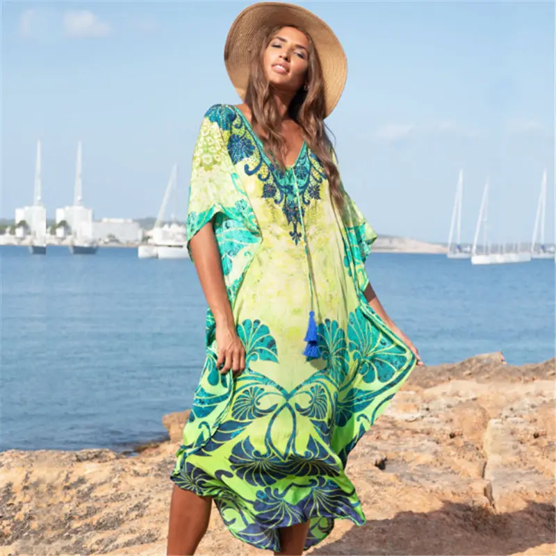 Богемное Платье с принтом, v-образный вырез, половина рукава, летнее пляжное платье, зеленая хлопковая туника, женская пляжная одежда, миди платье, Robe de plage